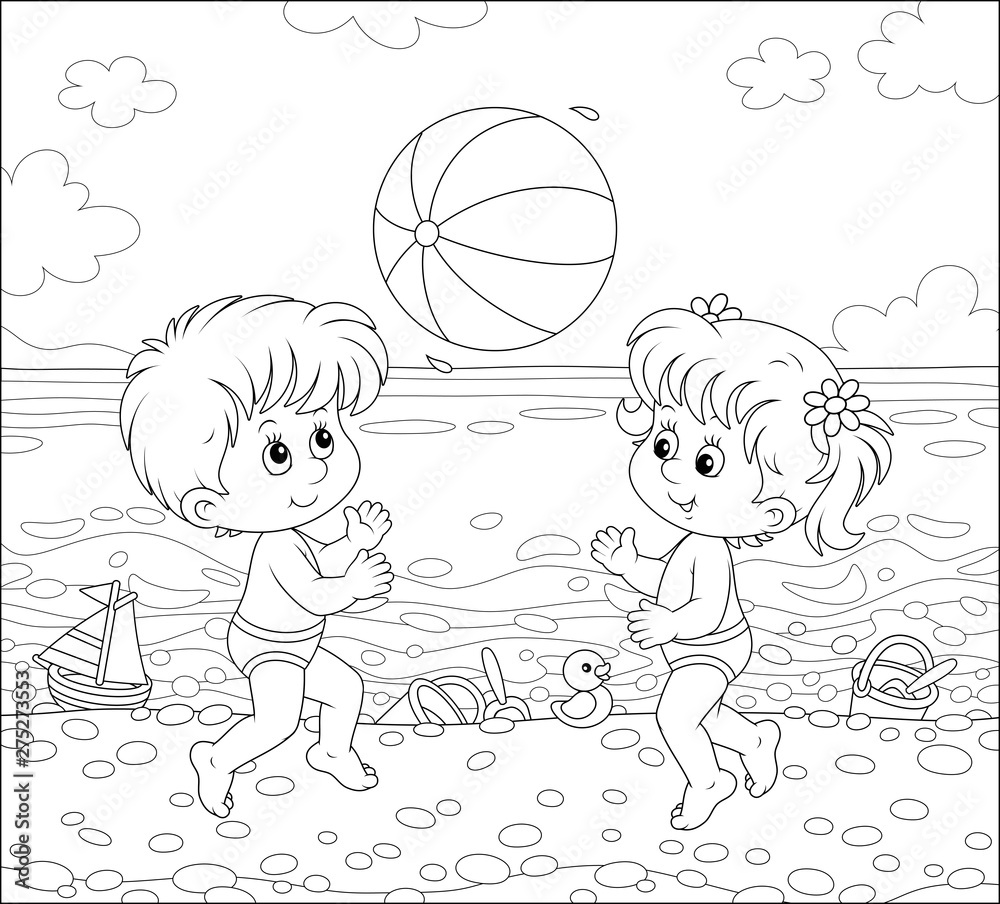 Fototapeta Happy little kids playing a big ball near water on a sea beach on a sunny summer day, black and white vector illustration in a cartoon style for a coloring book
