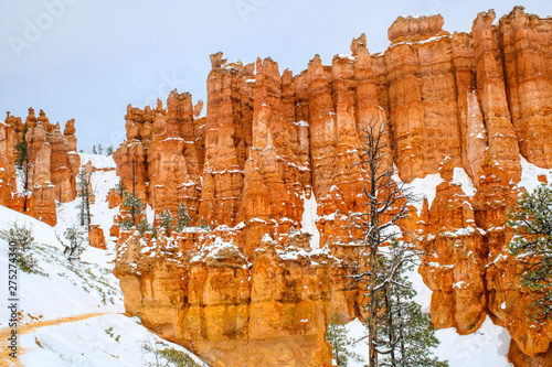 scenic hoodoos in Bryce canyon national park with snow