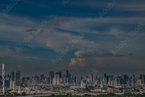 Sky view of Bangkok evening view with skyscraper in the business district in Bangkok, Thailand. City View Urban Downtown Business District Concept.