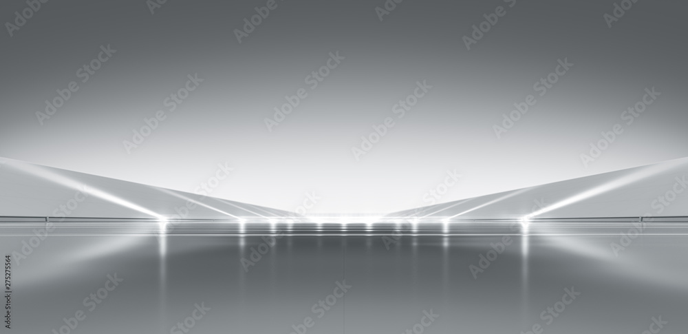 Elegant white futuristic light and reflection with grid line background. 3D rendering.