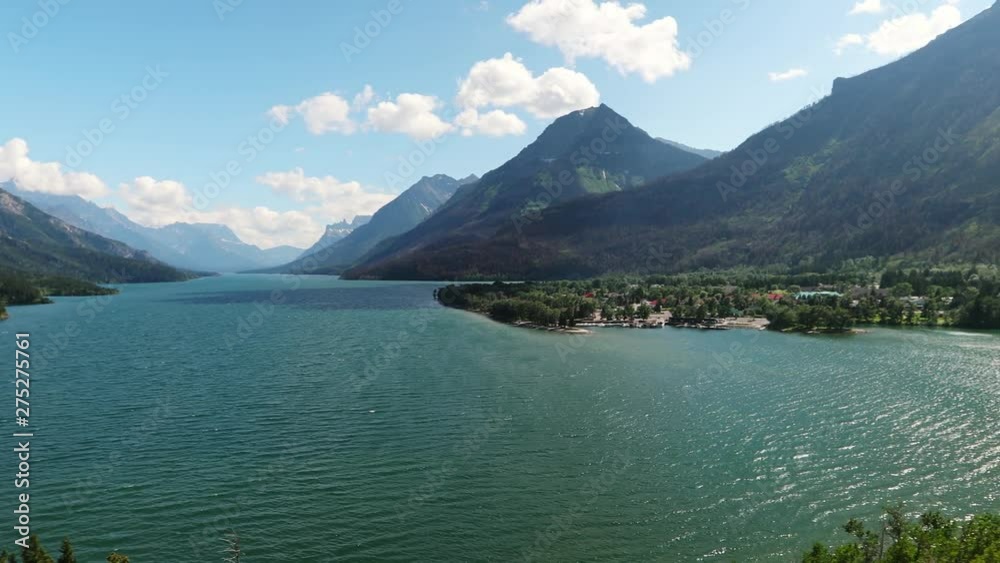 Panning Shot Beautiful Lake And Mountains / Waterton Lake, Canada Panning Shot Beautiful Lake And Mountains / Waterton Lake, Canada