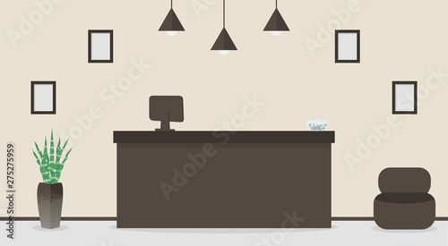 Empty reception desk in hotel or bank, receptionist workplace. Waiting room, hall in business office, modern interior with furniture, armchair for customers.Vector illustration
