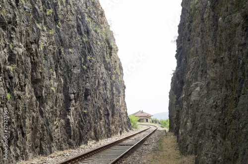 Railway dug into the rocks n the mountain in Bulgaria