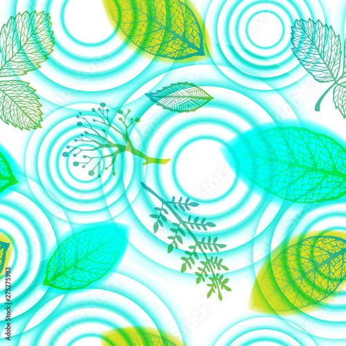 Green ripples and leaves vector seamless pattern