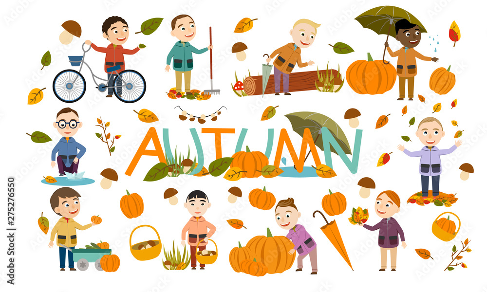 Set of different boys in an autumn clothes plays with leaves, launches a paper boat, rides a bicycle, carries pumpkins and has fun in the fall. Cute Vector Illustration