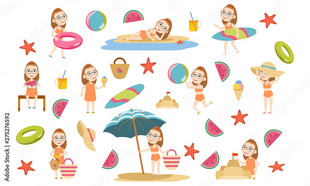 Set girl with glasses in various poses in summer dresses and swimsuits on the beach. Summer holidays. Beach relax, games and surfing. Vector illustration