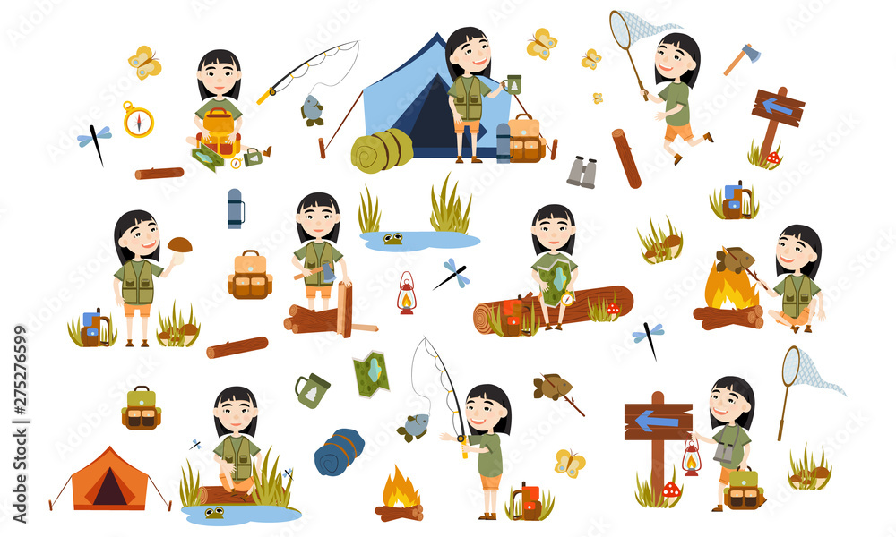 Set Asian girl gardening plants, weed beds, watering seedlings, pruning bushes and trees, working in the garden. People and garden tools. Vector illustration Set Asian girl gardening plants, weed beds, watering seedlings, pruning bushes and trees, working in the garden. People and garden tools. Vector illustration