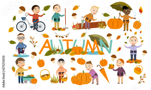 Set of different boys in an autumn clothes plays with leaves  launches a paper boat  rides a bicycle  carries pumpkins and has fun in the fall. Cute Vector Illustration
