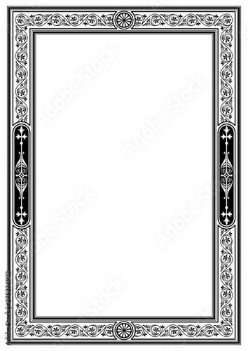 Rectangular black and white ornate framework. Decorative elements. Retro style. A4 page proportions. 