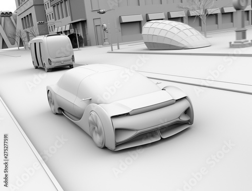 Clay rendering of self-driving sedan moving on the road. Autonomous bus moving at rear side. 3D rendering image.