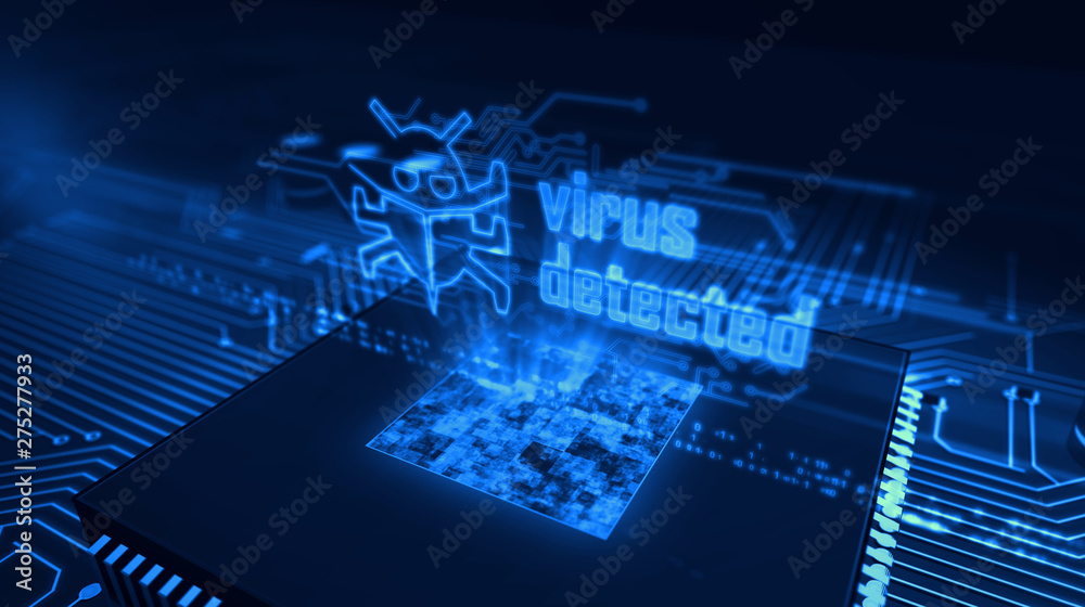 CPU on board with virus detected hologram