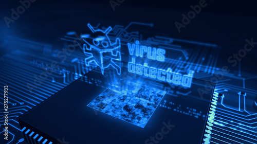 CPU on board with virus detected hologram