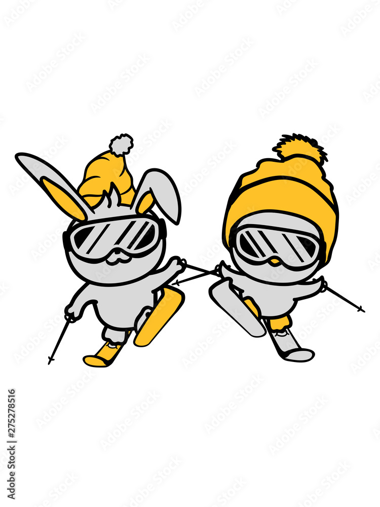 Naklejka premium 2 freunde team paar ski küken vogel fahren winter hase häschen spaß klein süß niedlich mütze brille schnee ferien snowboard cool comic cartoon clipart design urlaub fahren