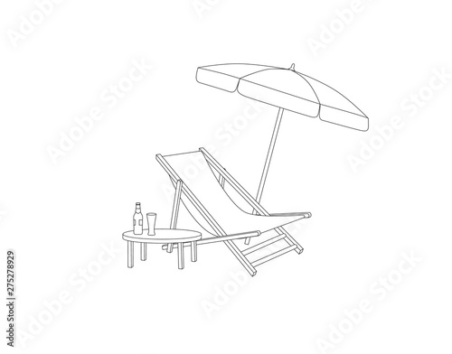 Chaise longue, table, parasol on beach. Deck chair sign of summer holiday Outline drawing