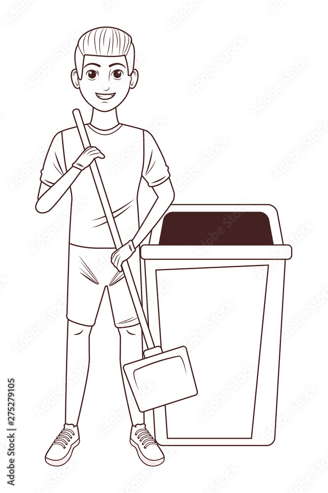 cleaning service person avatar cartoon character in black and white