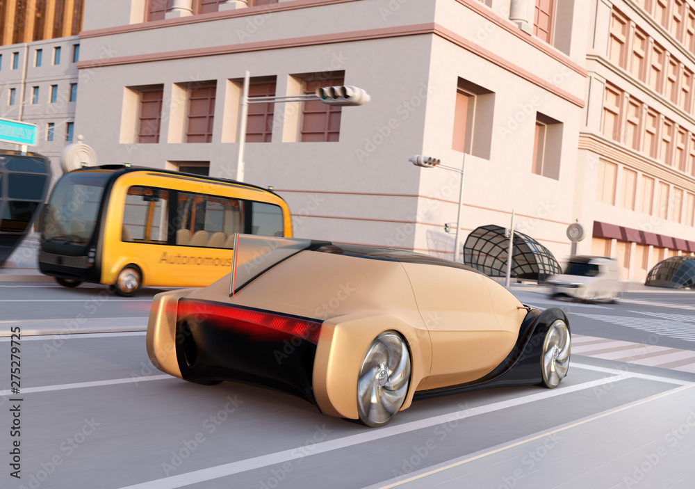 Rear view of autonomous sedan and bus driving through an intersection at sunset.  3D rendering image. 