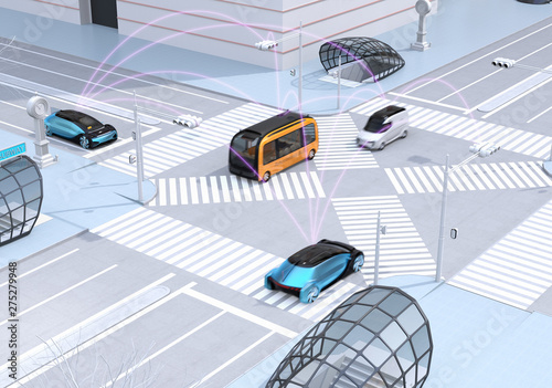 Traffic in modern city intersection. Self driving sedan, delivery van and bus connected each other with pink curve. Connected cars concept. 3D rendering image. photo