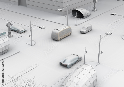 Clay rendering of traffic in modern city intersection. Connected cars concept. 3D rendering image.