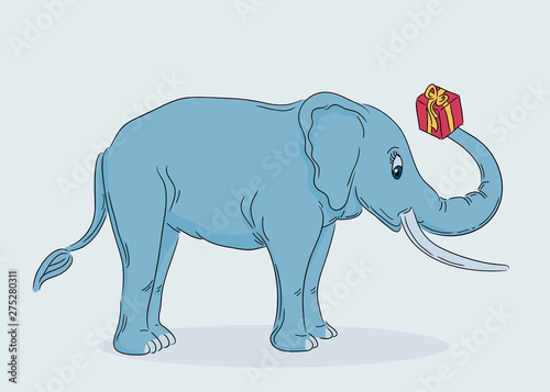 big elephant holding a small gift box with trunk