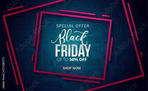 Black friday sale banner with geometric shapes and different icons of clothing, furniture, electronics etc. Sale discount concept. Vector black friday banner design