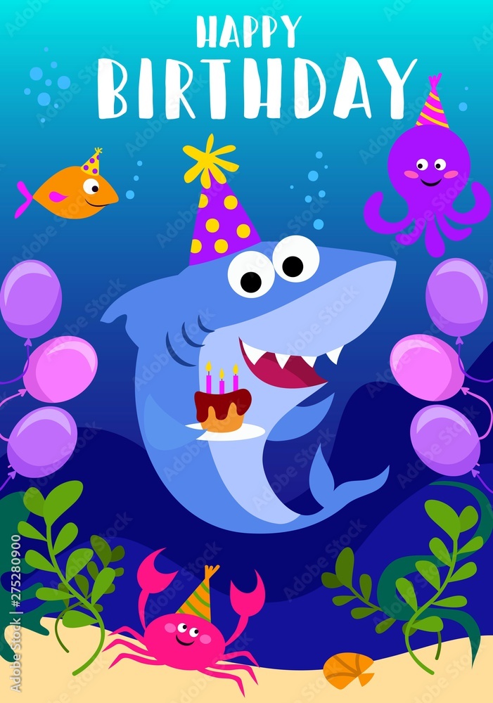 Stockvector Happy Birthday greeting card with shark octopus fish