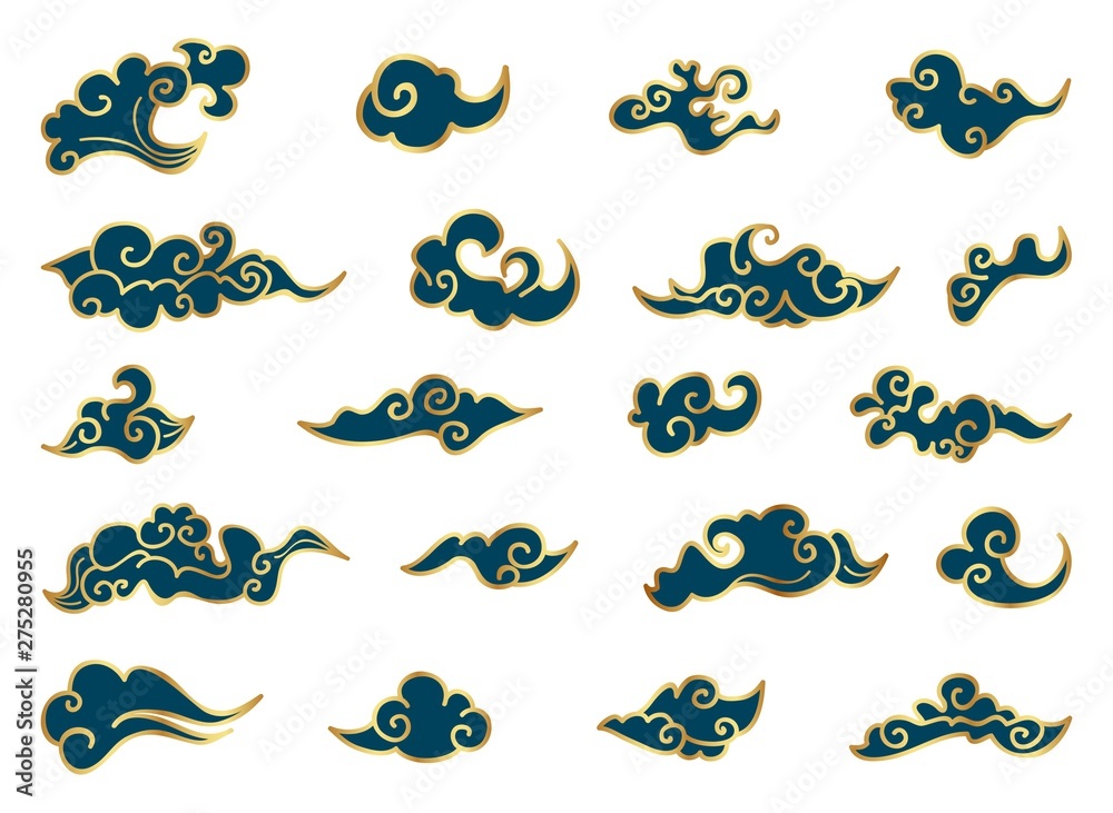 Chinese clouds vector collection blue and gold colors. Chinese clouds isolated on white background.