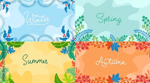 Seasonal backgrounds set in flat style. Winter, spring autumn summer with seasonal elements. Vector backgrounds collection.