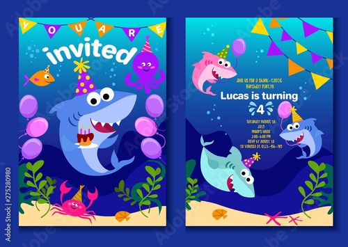 Baby shark party invitation cards. Happy Birthday greeting card in cartoon style with under the sea world animals shark, octopus, balloons etc. Colorful kids party poster or invitation template.
