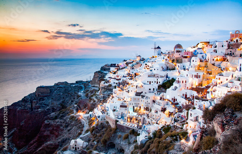 amazing view of Oia town at sunset in Santorini, Cyclades islands Greece - amazing travel destination © Melinda Nagy