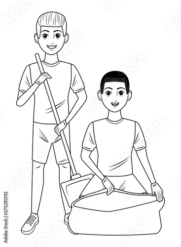 cleaning service person avatar cartoon character in black and white