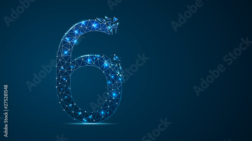number six 2D low poly abstract illustration consisting of points, lines, and shapes in the form of planets, stars and the universe. Raster digit 6 wireframe concept.