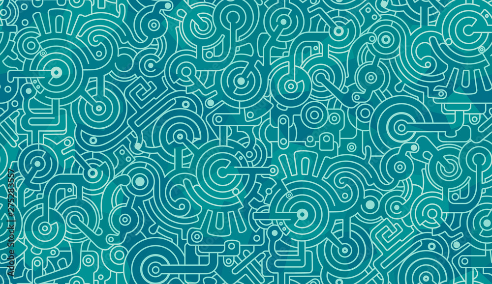 Abstract seamless pattern. Blue, turquoise and white. Bolts, gears, polygons. Abstract seamless pattern. Blue, turquoise and white. Bolts, gears, polygons.