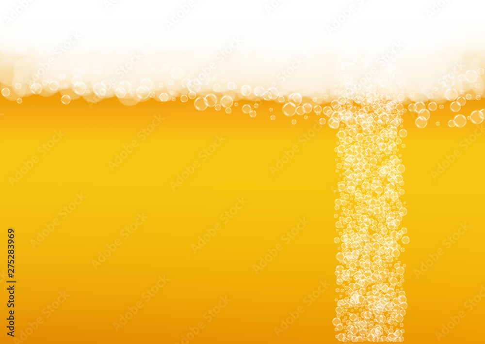 Lager beer. Background with craft splash. Oktoberfest foam. Hipster pint of ale with realistic white bubbles. Cool liquid drink for pub menu template. Yellow bottle with lager beer.