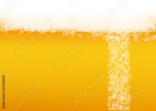 Lager beer. Background with craft splash. Oktoberfest foam. Hipster pint of ale with realistic white bubbles. Cool liquid drink for pub menu template. Yellow bottle with lager beer.