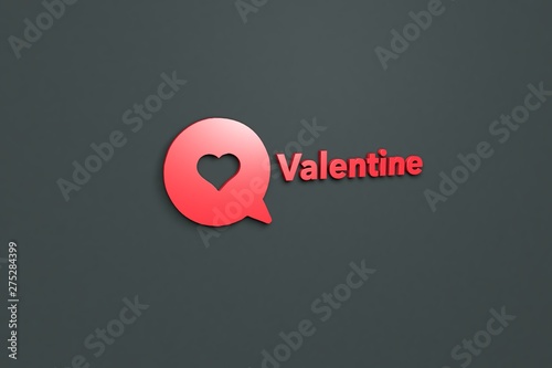 3D illustration of Valentine, red color and red text with grey background.