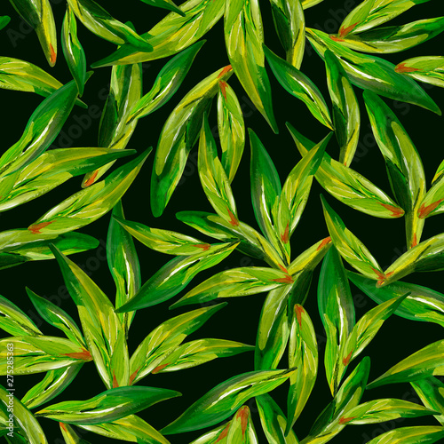 Gouache seamless green tea leaves on a dark background