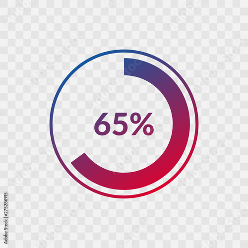 65 percent blue and red gradient pie chart sign. Percentage vector infographic symbol. Circle icon isolated on transparent background, illustration for business, download, web design