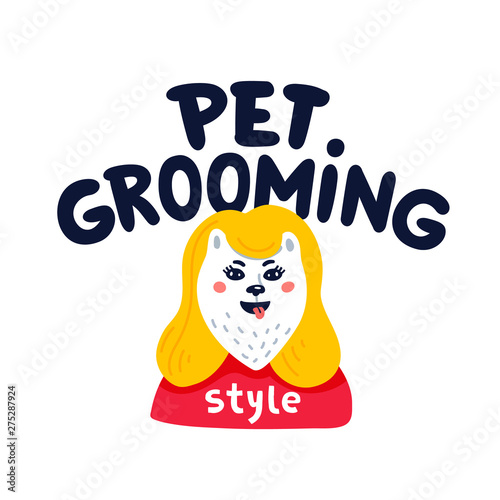 Pet grooming logo. Happy dog pet grooming lettering on white background. Dog ...