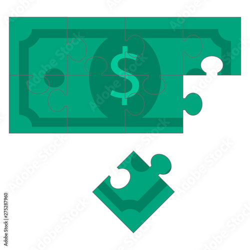 flat icon of green dollar bill assembled from puzzle pieces