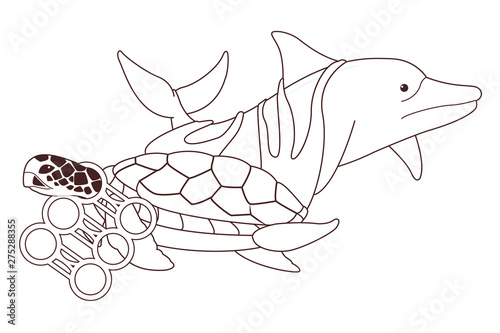 sad dolphin and turtle stuck in black and white