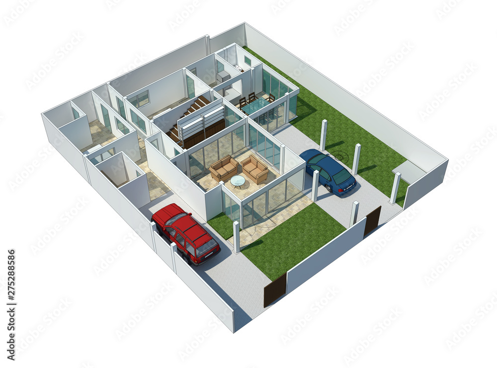 Floor plan of a house top view 3D illustration. 