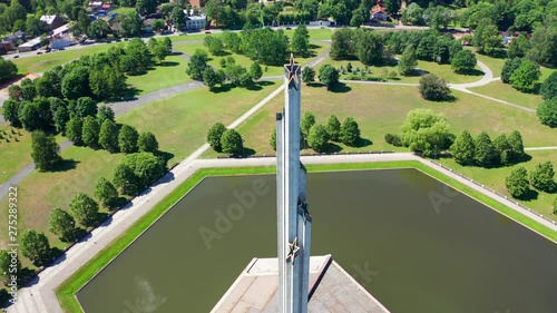 RIGA / LATVIA - JUNE 16, 2019: Aerial View Of Victory Monument In Riga (Uzvaras Piemineklis), Slowly looking from up to down photo