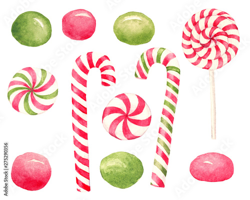 Watercolor hand drawn set with christmas red and green candies and lollipops isolated on white background
