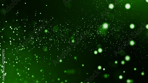Glow particles are in air as science fiction of microcosm or macro world or sci-fi. 3d rendering of abstract green composition with depth of field and glowing particles in dark with bokeh effects. 16