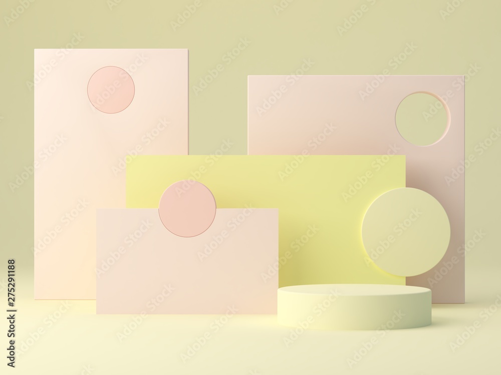 Abstract yellow background with geometric shape podium for cosmetic product presentation. Pastel colors. Pink and yellow layers and forms. minimal concept. 3d rendering 