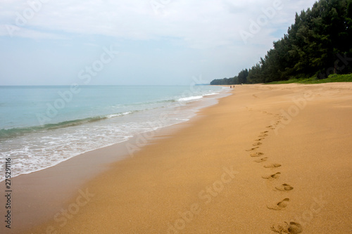 Seascape with row of footprints in golden sand at an almost deserted Mai Khao beach in Phuket  Thailand
