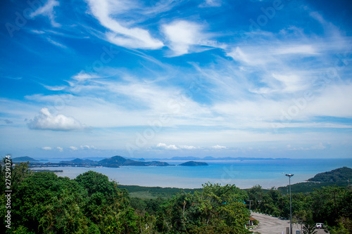 View from Khao-Khad Views Tower looking northeast to Andaman Sea, Ko Sire island, mountains. With interesting blue sky.