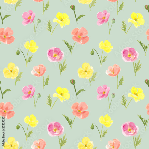 Watercolor hand drawn seamless pattern with wild poppies flowers in yellow, pink and red colors isolated on green background © Lelakordrawings
