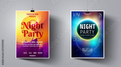 Party Flyer Template with Purple and Orange color. Colorful Abstract Vector Illustration. Party Flyer Template on the Background of the Moon and Galaxy Space.  Night Club Dj Poster. 