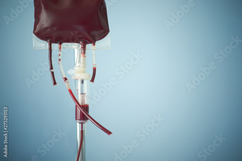 transfusion of blood, bag with red blood cells on stand. Blue background with copy space